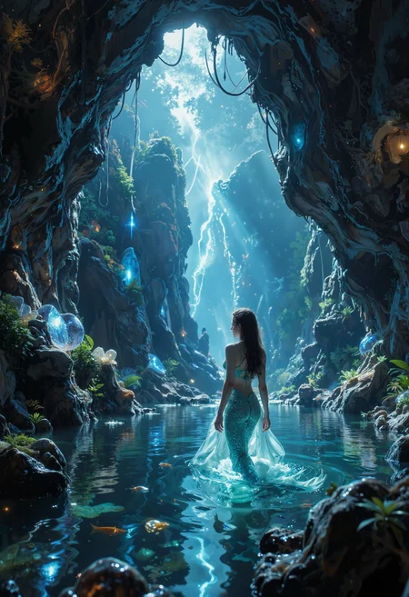 in the style of ck-ovf, A secluded cave filled with glowing crystals and a shimmering pool of water, where the mermaid oracle resides. The water reflects soft blue and green light onto the cave walls, casting an eerie, mystical glow. The mermaid oracle floats gracefully in the pool, surrounded by fish and wisps of magical light, as she speaks in ancient whispers.<lora:ck-OneViolentFantasy-000021.safetensors:0.6:0.6>
