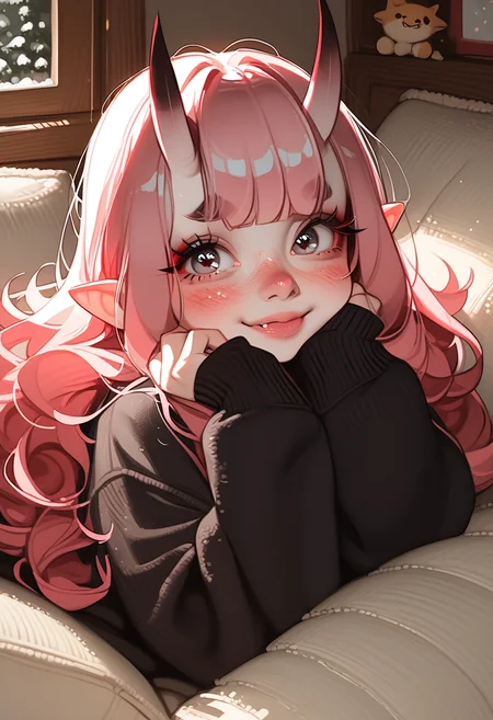 score_9, score_8_up, score_7_up, highly detailed, sharp focus, HD, (1girl:1.4), ((solo)), ((pale skin:1.3)), (cute young oni girl:1.5), small sharp horns, (big expressive eyes:1.3), (soft pink blush:1.2), ((long fluffy pastel pink hair:1.4)), slightly messy hair, shy smile, wearing a cozy sweater, (small black horns:1.3), (pointy ears:1.2), (tiny bat wings:1.2), soft freckles, fantasy-inspired outfit, (Japanese-style modern room:1.4), cozy house interior, warm lighting, sitting on a plush futon, hugging a pillow, cute pose, playful expression, charming, soft anime shading, ultra-detailed fabric folds, elegant color balance, soft glowing ambient light
 <lora:Expressive_H:1> <lora:incase-ilff-v3-4:0.6> <lora:MoriiMee_Gothic_Niji_Style_Illustrious_r1:0.7>