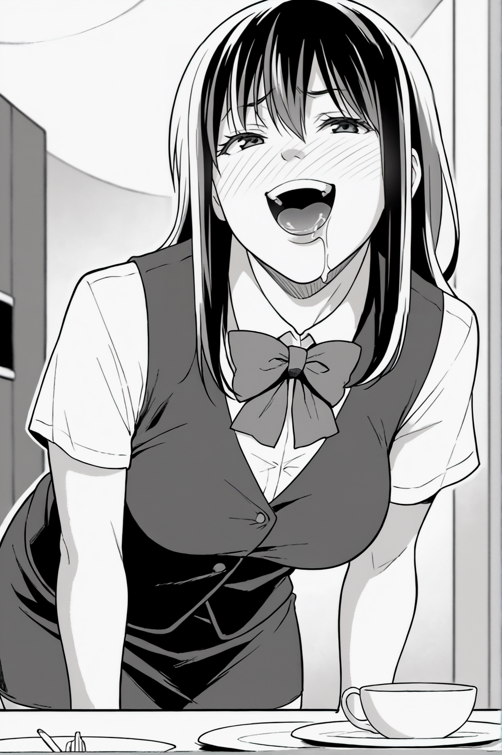 score_9, score_8_up, score_7_up, monochrome, manga_source, best background, detailed background, manga, greyscale   Keiko, bow, bowtie, cup, pencil skirt, plate, shirt, skirt, upskirt, vest, bent over, smug, blush, naughty face, open mouth, saliva,  <lora:JN_Keiko:0.8>