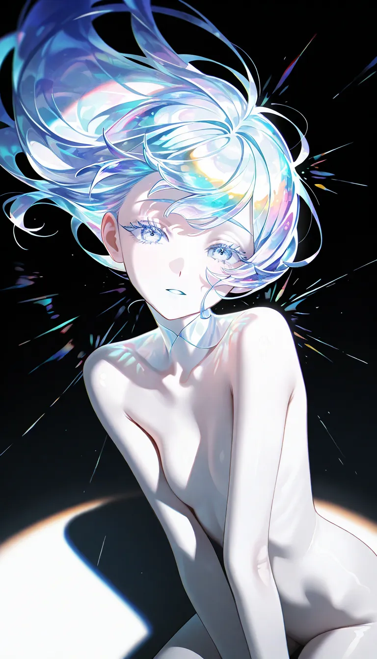 (masterpiece, best quality), amazing quality, very aesthetic, absurdres, highres, newest, HDR, 8K, high detail RAW color art, intricate details, high contrast, detailed background, beautiful detailed, beautiful face, blight face, large pupil, eyelashes, brilliant skin, shiny ski
1girl, solo, diamond \(houseki no kuni\), nude, naked, spotlight and shadow, aesthetic, (dark), white and light blue neon underlightling, bloom,