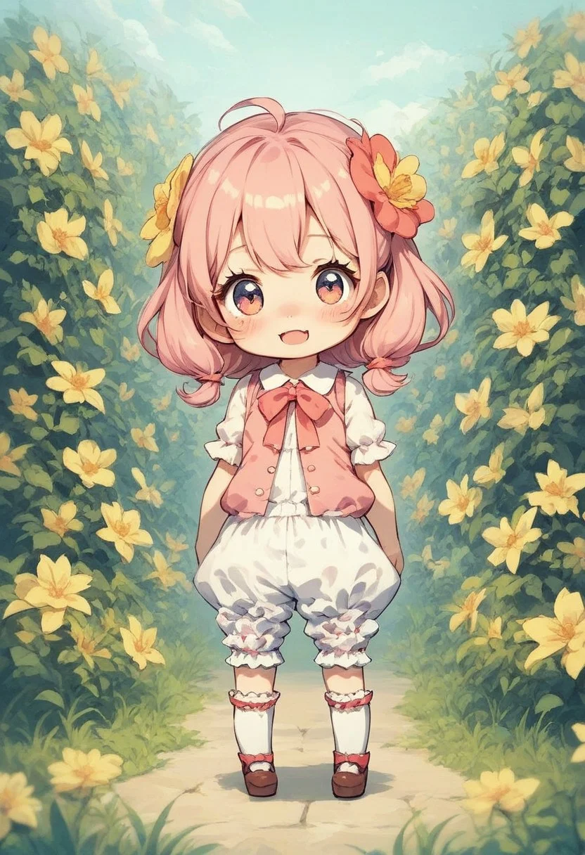 score_9, score_8_up, score_7_up, best quality, fine detail, cute, bloomers, chibi, :3, standing, shy, garden, daisies, grass