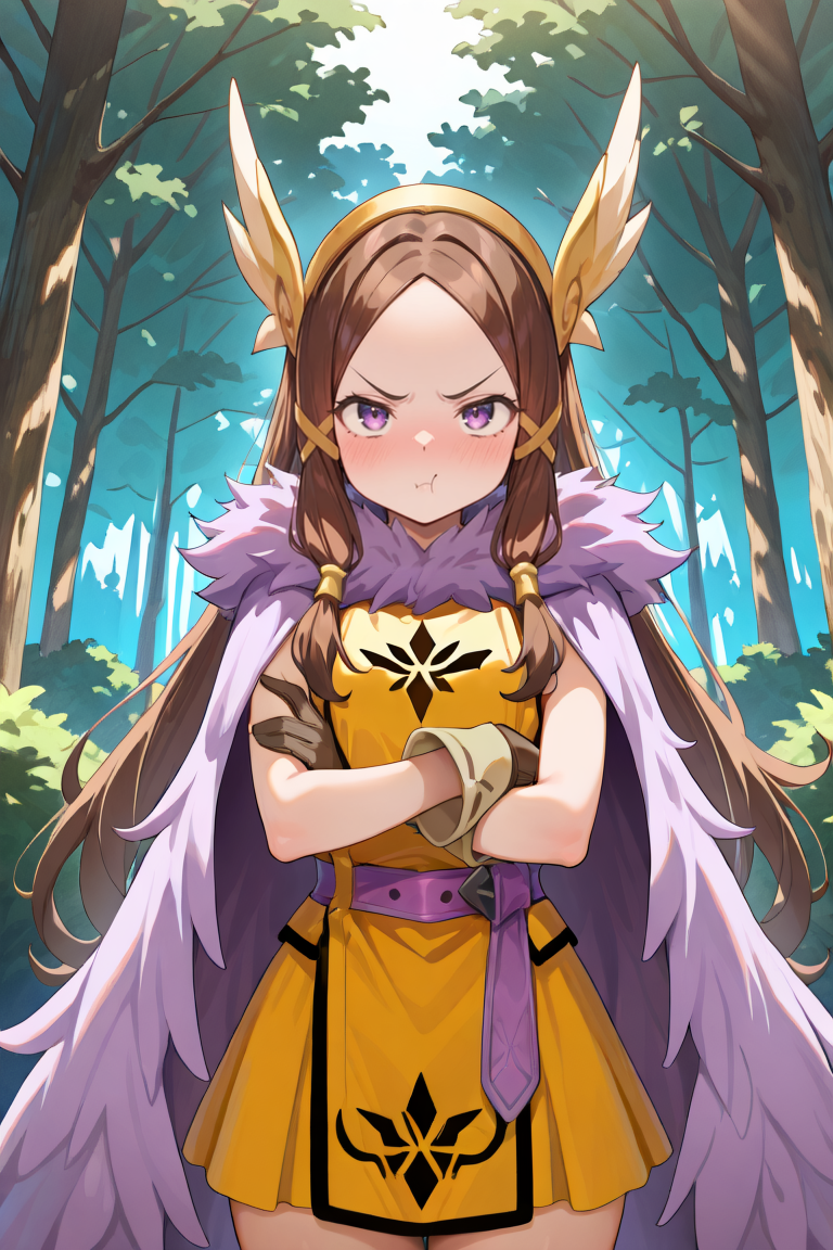 masterpiece, very aesthetic, absurdres, best quality, amazing quality, high resolution, newest, very awa, <lora:illustrious_quality_modifiers_masterpieces_v1:0.8> , <lora:ChamIllustriousBackgroundEnhancer:0.5>,  (solo),    <lora:ValkyrieYggdraIL:0.8> ,  valkdef, 1girl, purple eyes, brown hair, long hair, winged hairband, fur cloak, yellow tunic, purple belt, gloves, cowboy shot, day, heavenly aura, frown, looking at viewer, crossed arms, pout,