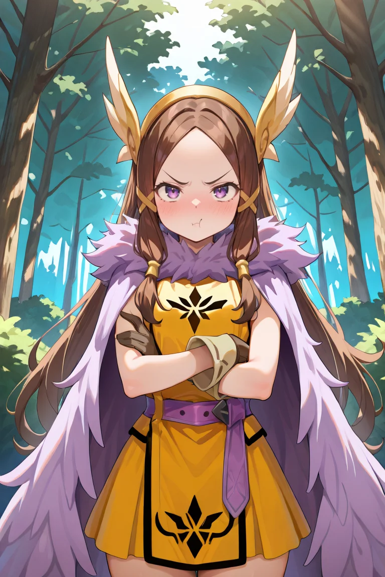 masterpiece, very aesthetic, absurdres, best quality, amazing quality, high resolution, newest, very awa, <lora:illustrious_quality_modifiers_masterpieces_v1:0.8> , <lora:ChamIllustriousBackgroundEnhancer:0.5>, (solo), <lora:ValkyrieYggdraIL:0.8> , valkdef, 1girl, purple eyes, brown hair, long hair, winged hairband, fur cloak, yellow tunic, purple belt, gloves, cowboy shot, day, heavenly aura, frown, looking at viewer, crossed arms, pout,