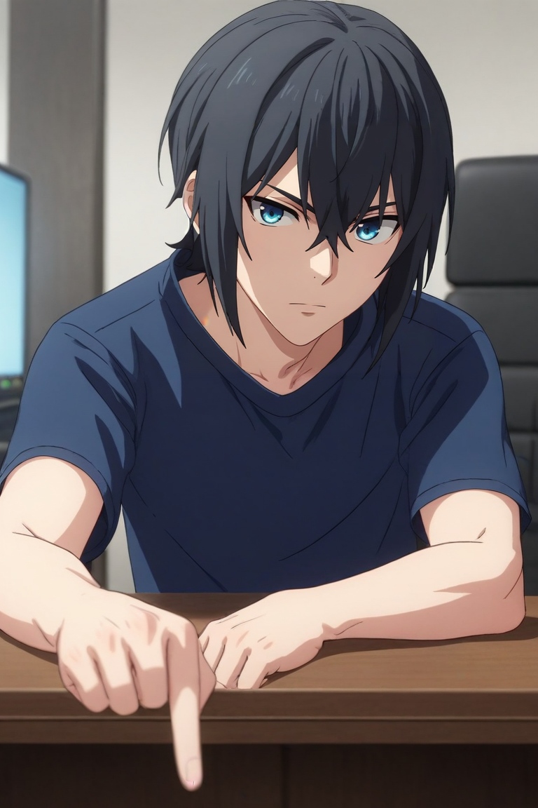 score_9, score_8_up, score_7_up, source_anime, rating_safe, intricate details, (3d:0.4), looking at viewer, depth of field, 1boy, solo, male focus, <lora:ren_amaki_pony:0.86>, ren_amaki, black hair, blue eyes, hair between eyes, focused, bedroom, computer monitor, indoors, pointing, squinting, , <lora:sdxl_lightning_8step_lora:1>