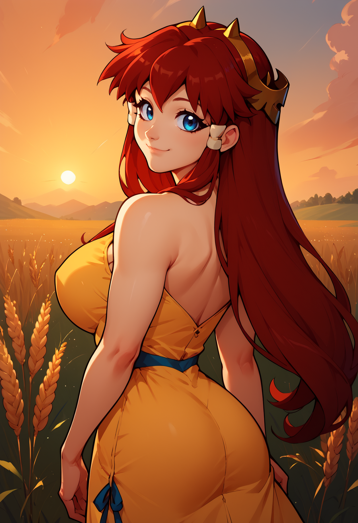 score_9, score_8_up, score_7_up, 1girl, solo, ditlieb, blue eyes, long hair, sidelocks, hair tubes, red hair, large breasts, hairband, horns, <lora:DitaLiebelyPDXL_V1-Manityro-CAME:1.0>,
yellow sundress,
looking at viewer, light smile, looking back, 
outdoors, wheat field, sunset,