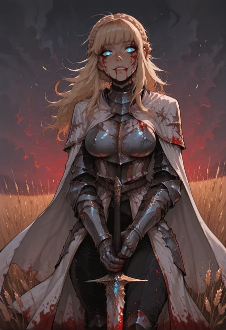 score_9, score_8_up, score_7_up, masterpiece, best quality, very aesthetic, incoth, (incase:0.6), plamix, white pupils, (lips:0.6), r17329_illu, opill, (dynamic:1), highres, detailed, 1girl, KnightLeda, blonde hair, bangs, crown braid, long hair, messy hair, hair floating on wind, blue eyes, (glowing eyes:1.1), crazy, (yandere:1.1), evil, blood on face, (smug:0.9), looking at viewer, needle knight armor, white cape, (large breasts:1.1), blood on clothes, blood on armor, holding sword, leda sword, blood on sword, gloves, gauntlets, black pants, wheat field, cloudy sky, godrays, dramatic lights
<lora:Needle_Knight_Leda_-_Maly007_lora:0.75>::0.3
<lora:r17329_illu:0.3>
<lora:PlantraStyleReMix:0.75>
<lora:incoth:0.45>
<lora:OilPaintingILL:0.3>