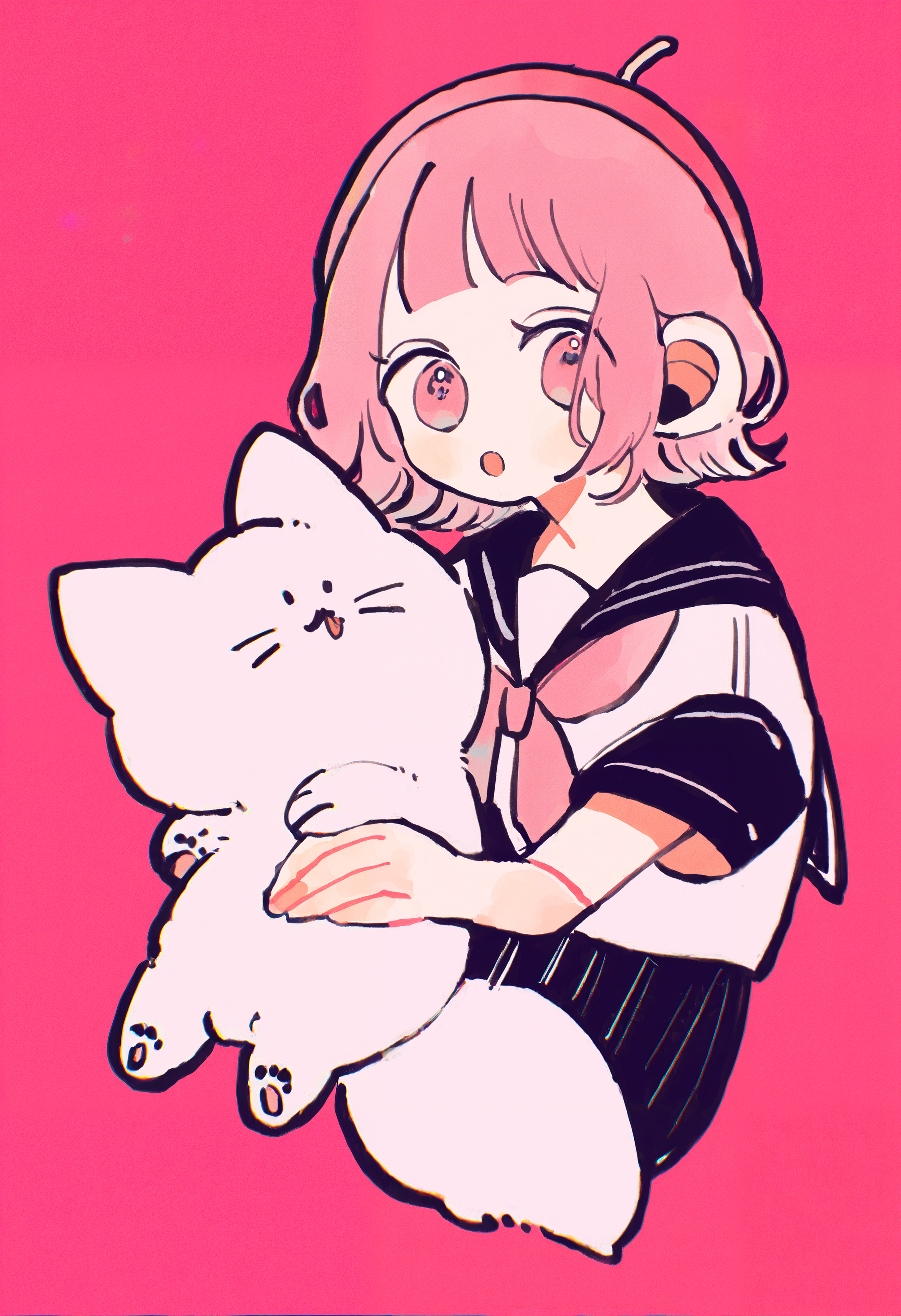 masterpiece, absurdres, newest, very awa, chromatic aberration,   1girl, solo, pink hair, curly hair, short bangs, bob cut, pink beret, serafuku, pink neckerchief, holding cat, hugging object, white cat, :o, looking at viewer,   pink background,   <lora:spo_sdxl_10ep_4k-data_lora_webui>,  <lora:TA_trained:0.35>,  <lora:NOOB_EPSv1_1_detailer_by_vlnvk_v0_5>,  <lora:omoguuu:0.8>