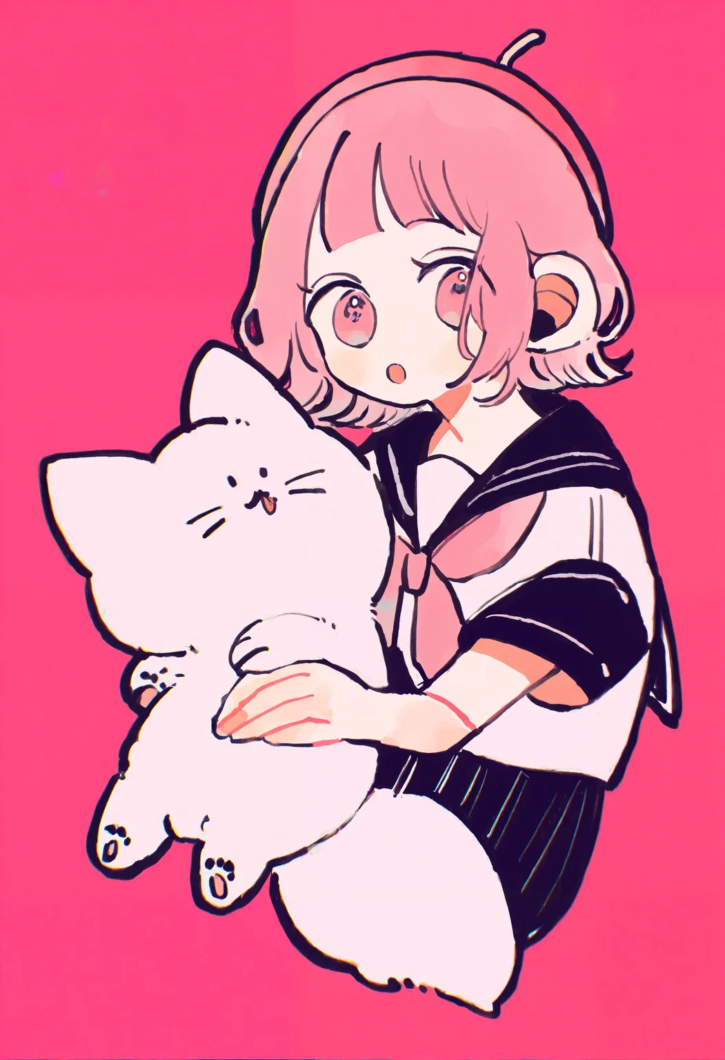 masterpiece, absurdres, newest, very awa, chromatic aberration, 1girl, solo, pink hair, curly hair, short bangs, bob cut, pink beret, serafuku, pink neckerchief, holding cat, hugging object, white cat, :o, looking at viewer, pink background, <lora:spo_sdxl_10ep_4k-data_lora_webui>, <lora:TA_trained:0.35>, <lora:NOOB_EPSv1_1_detailer_by_vlnvk_v0_5>, <lora:omoguuu:0.8>