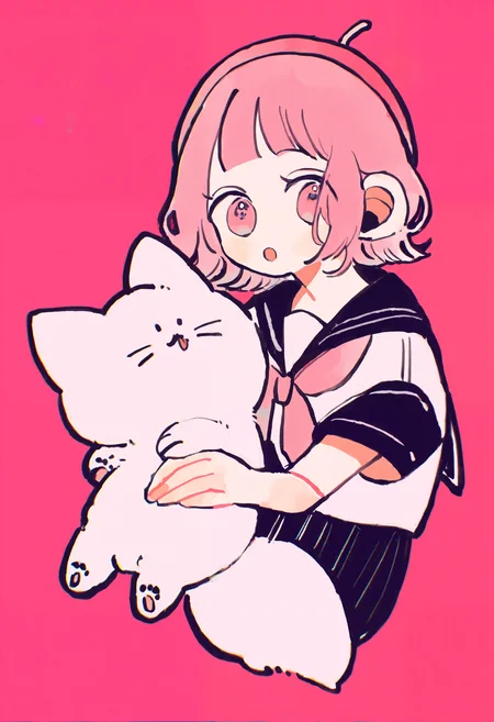 masterpiece, absurdres, newest, very awa, chromatic aberration, 1girl, solo, pink hair, curly hair, short bangs, bob cut, pink beret, serafuku, pink neckerchief, holding cat, hugging object, white cat, :o, looking at viewer, pink background, <lora:spo_sdxl_10ep_4k-data_lora_webui>, <lora:TA_trained:0.35>, <lora:NOOB_EPSv1_1_detailer_by_vlnvk_v0_5>, <lora:omoguuu:0.8>