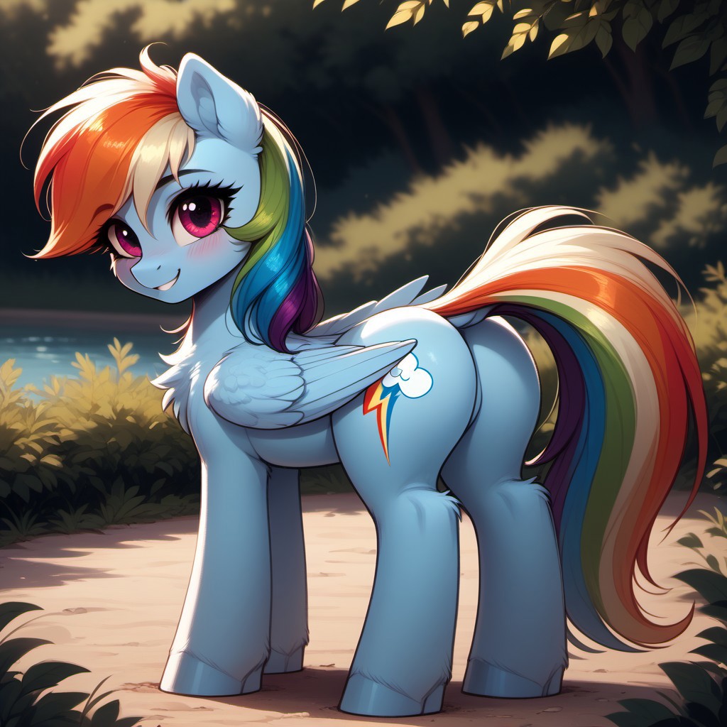 rating_questionable, score_9, score_8_up, score_7_up, pony, feral, cute pony, rainbow dash, pegasus, horny, blush, soft skin, soft hips, confident smile, big beautiful eyes, hips, butt, tummy, outdoors, illustration, CG, shiny hair, clear skin, ultra-detailed-eyes, cute pony, eyelashes, detailed, MegaFluffyPony, fluffy