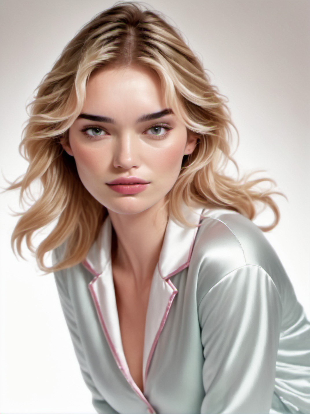 1girl, realistic, blond,
portrait, neutral expression, wearing satin pajamas, white background, looking at us,
 <lora:abbie-synth-xl-lora-1:1>