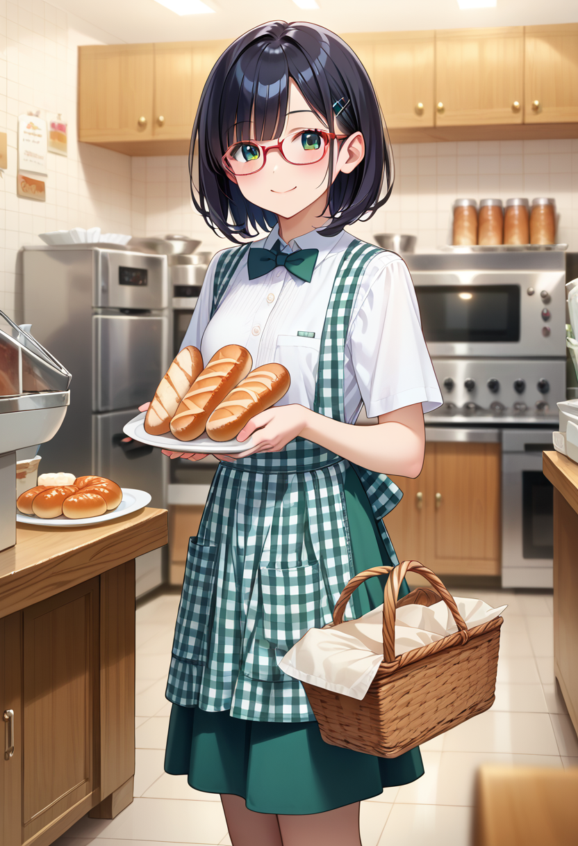 score_9, score_8_up, score_7_up, rating_safe, masterpiece, best quality, absurdres, unity 8k wallpaper, official art, official style, source_anime, uncensored, game cg, megami magazine,
1girl, solo, glasses, KSU, black hair, shirt, apron, white shirt, collared shirt, plaid, standing, short sleeves, skirt, gingham apron, gingham, green skirt, green bowtie, smile, happy, blush, looking at viewer, indoors, blurry foreground, holding, basket, bread, food, 
<lora:koberya_stazzo_PONY_V1:1>