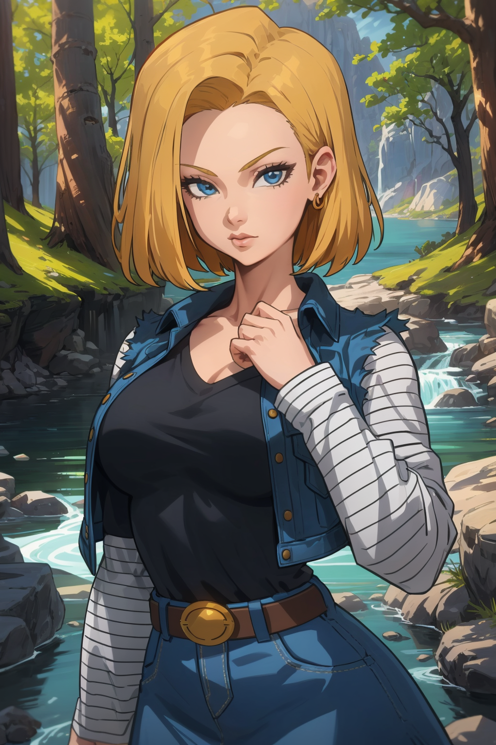 1girl, (solo:1.2), (looking at viewer:1.5), (upper body:1.5), (walking:1.2), (cowboy shot:1.5), (masterpiece:1.3), (best quality:1.3), (perfect anatomy:1.4), highly detailed, (secluded river scenery:1.2), (sunlight through trees:1.3), daylight,natural rock formations, nature,, <lora:DB - Android 18 [AsuraAI - v1.0]:0.85> android18, earrings, denim, belt, blonde hair, blue eyes, short hair, jewelry, (denim vest:1.2), open vest, black pantyhose, black shirt, denim skirt, (white striped long sleeves), blue skirt, large breasts, <lora:Hood x Art [MockAi - v1.0]:1> hoodxart, (muted colors:1.2), smooth textures, soft shading, (sharp contrast:1.2), anime style, (simplistic lineart:1.2)