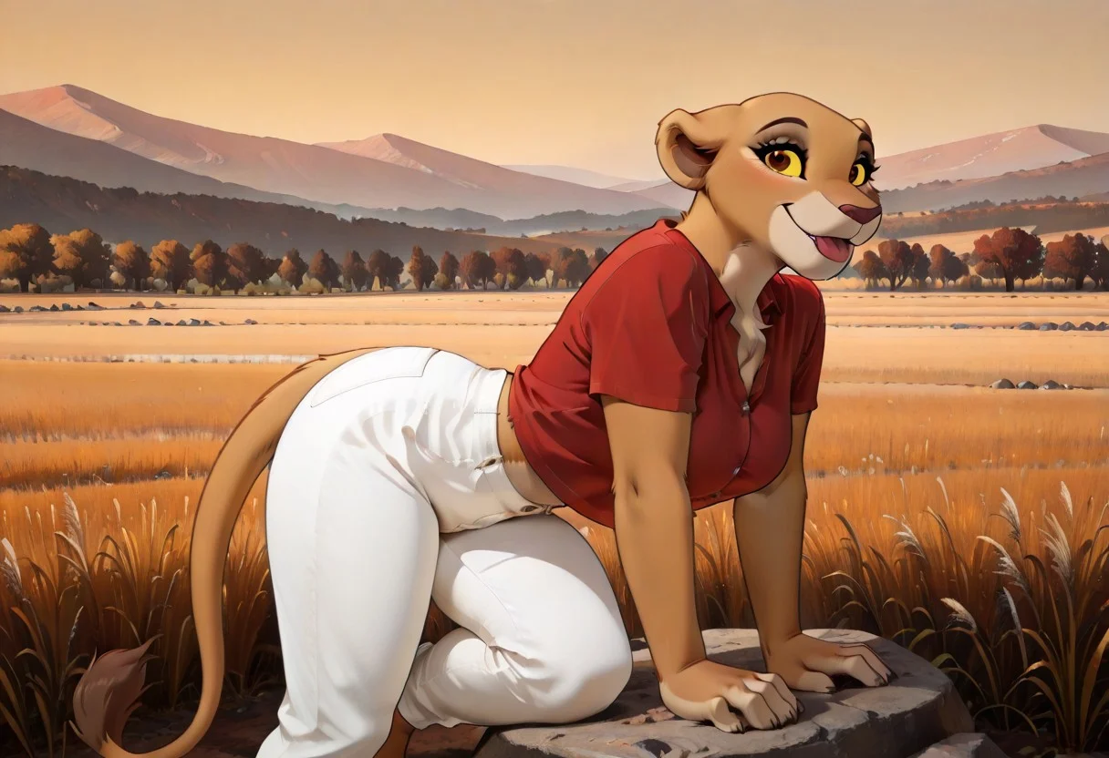 score_9, score_8_up, score_7_up, score_6_up, best quality, highly detailed, detailed fur, detailed background,
Solo, Furry, female, feral, lioness, Kiara, reddish-brown eyes, yellow sclera, smile, open month, tongue, tail, looking at viewer, savannah, rock, shirt, white jeans