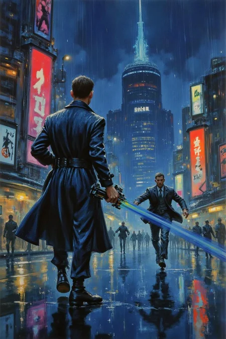 jober1 illustration.
sydme1 painting A dramatic and intense scene depicting a blade runner standing resolutely on a rain-slick urban street, illuminated by the glow of neon lights from towering buildings. The blade runner, clad in a long, dark trench coat that billows slightly in the wind, holds a high-tech firearm in a steady grip, discharging a vivid, blue-tinged energy blast. In the distance, a man is captured mid-sprint, his silhouette framed by the light of the weapon's energy bolt as it streaks toward him. The fleeing figure's posture is desperate, his coat trailing behind him as he tries to escape. The ground is wet, reflecting the vibrant colors of the cityscape, with scattered debris adding to the gritty, dystopian atmosphere. The sky above is dark and foreboding, with rain falling heavily, while holographic advertisements and the glow of a towering megastructure loom in the background, encapsulating the cyberpunk aesthetic of a high-stakes chase in a futuristic metropolis.
<lora:jober1_cap_d6a3e12:1.0><lora:819124566564685133:0>