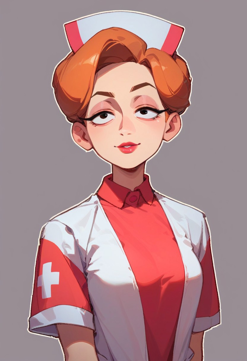 score_9, score_8_up,  score_8_up, 1woman, mature body, nurse, clean eyes, clean eye lines, simple shadows, flat coloring, flat shadows, thick lines, white outline, highly detailed,   absurdres, best quality,