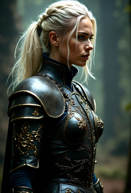 Extremely photorealistic depiction of dark fantasy platinum blonde hair female warrior, with intricate leather armor with golden embedded finish and a powerful stance, in a realistic, atmospheric scene.
Side profile shot, showing the armor and the figure’s stance.
Cinematic color grading, enhancing the mood.