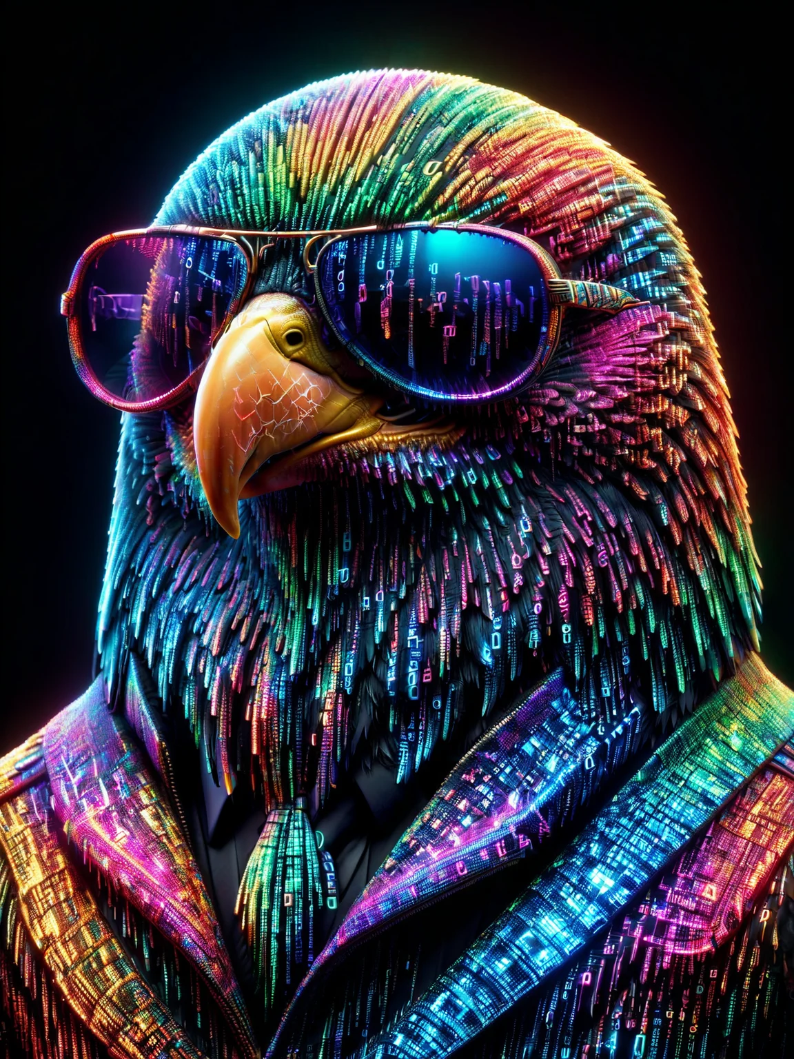 glowing colorful mad-mtrx bald eagle with aviator sunglasses <lora:Colorful_Matrix_SDXL:1.3>, (masterpiece:1.2), best quality, (hyperdetailed, highest detailed:1.2), high resolution textures