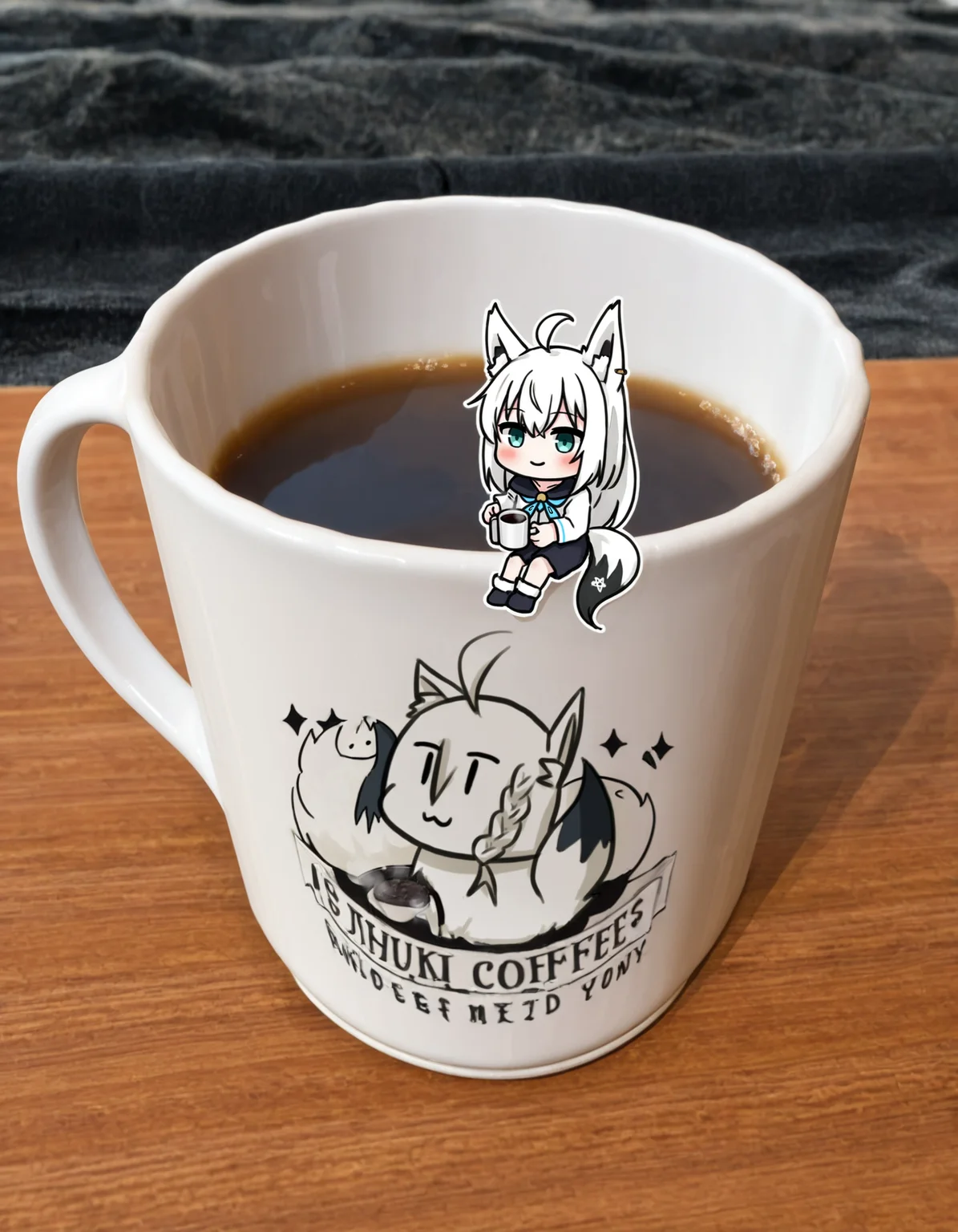 1girl, solo, shirakami fubuki, sitting, :3, coffee mug, minigirl, photo background