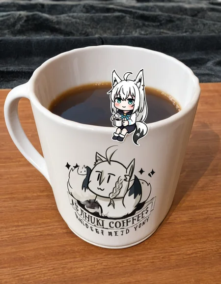 1girl, solo, shirakami fubuki, sitting, :3, coffee mug, minigirl, photo background