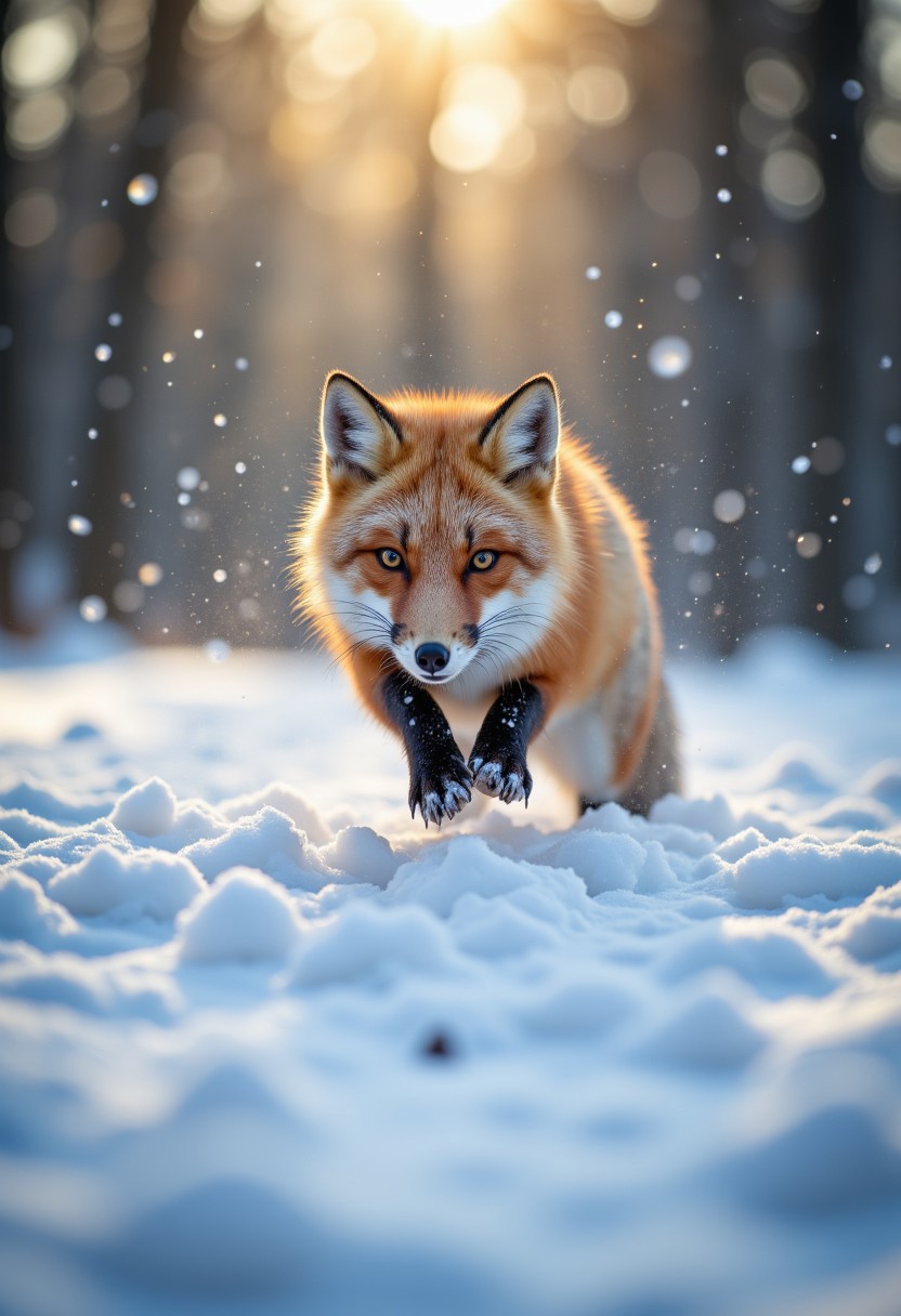 "A red fox jumping mid-air to catch prey buried under the snow in a boreal forest, its body frozen in an elegant arc. The snow explodes into a flurry of sparkling crystals, while faint rays of sunlight stream through the tall, frost-covered pines."
, aidmafluxpro1.1, aidmaimageupgrader, aidmaHyperrealism