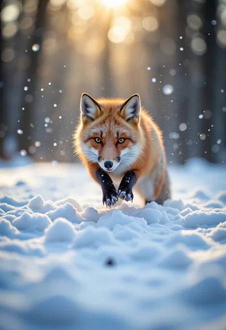 "A red fox jumping mid-air to catch prey buried under the snow in a boreal forest, its body frozen in an elegant arc. The snow explodes into a flurry of sparkling crystals, while faint rays of sunlight stream through the tall, frost-covered pines."
, aidmafluxpro1.1, aidmaimageupgrader, aidmaHyperrealism