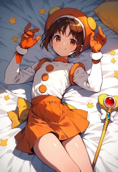 score_9, score_8_up, score_7_up, score_6_up, score_5_up, score_4_up,source_anime,
1girl, solo,
<lora:hananokouji kurara-000003:1.0>, hananokouji kurara, brown hair, bangs, hat, brown eyes, gloves, skirt, white shirt, long sleeves, magical girl, orange skirt, red gloves, yellow ribbon on back, wand,
(lying:1.5), smile, shiny skin,