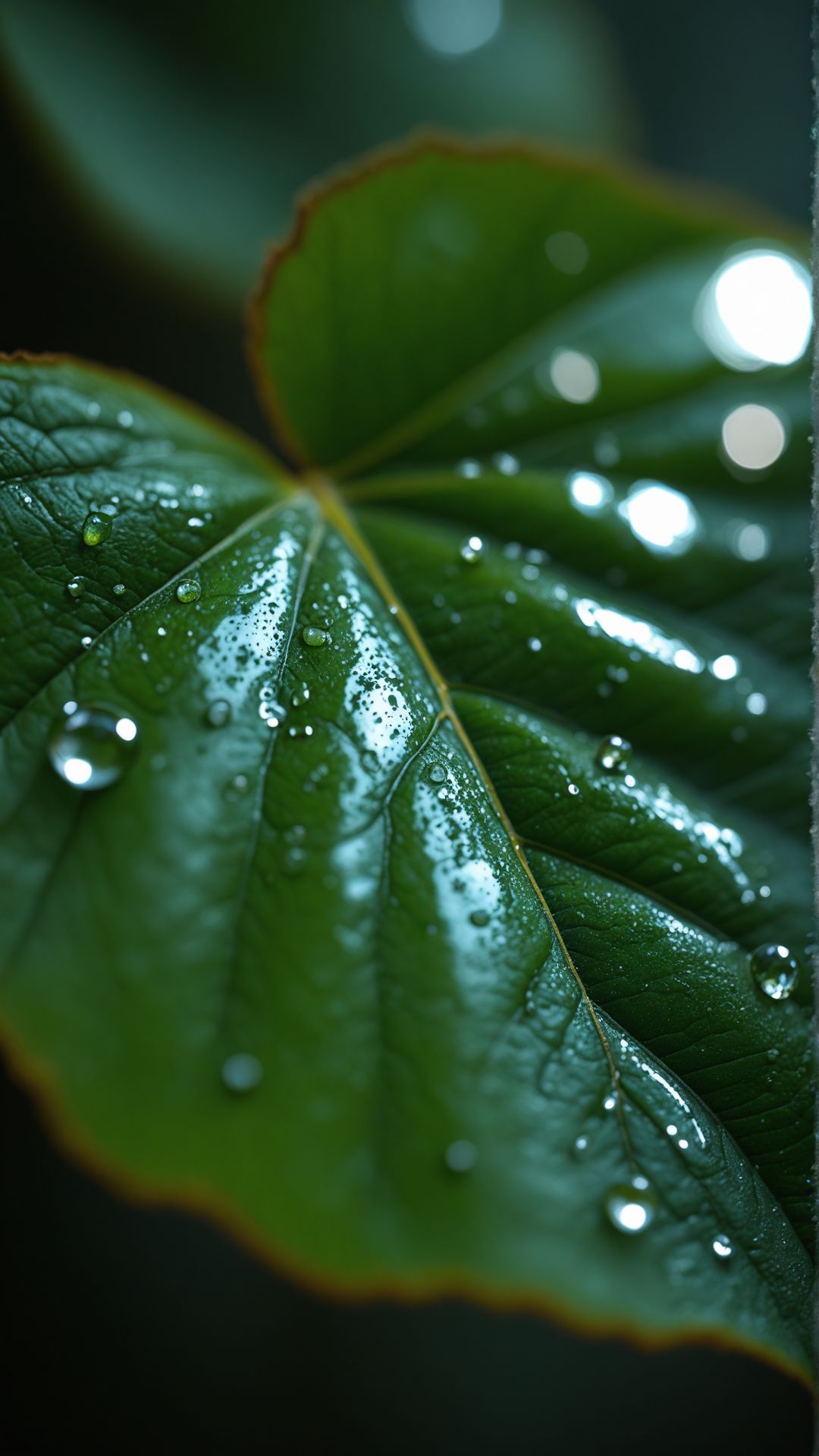 high-resolution macro shot, water droplets on vibrant green leaf, ultra-detailed veins, photorealistic texture, soft sunlight reflections, morning dew aesthetic 
, aidmafluxpro1.1 <lora:aidmaFLuxPro1.1_v0.3_IL:0.85>