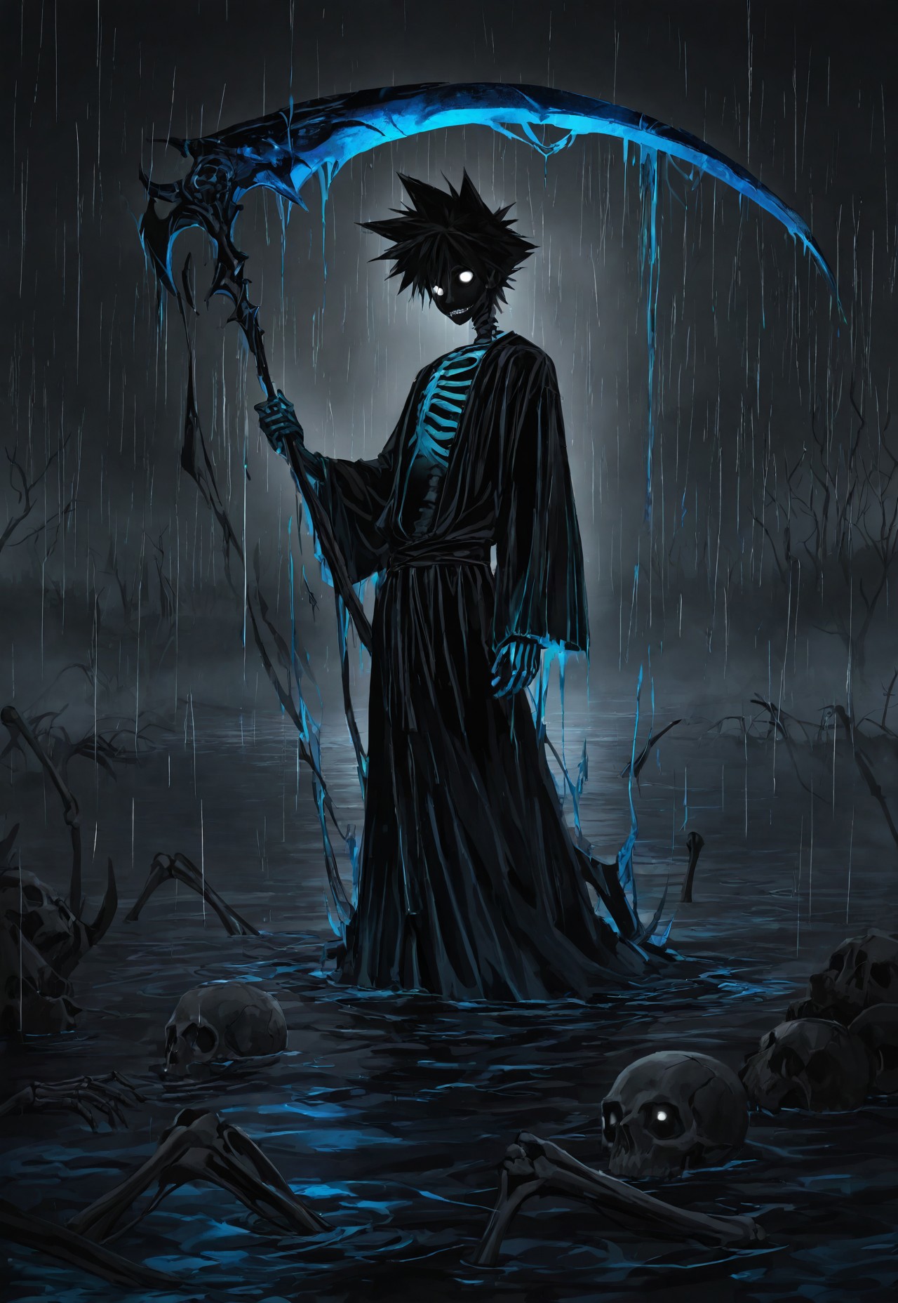 masterpiece, best quality, amazing quality, very aesthetic, absurdres, newest, detailed background, antiKH, 1boy, solo, spiked hair, skinny, skeleton, skull, robe, open clothes, scythe, aura, white eyes, glowing eyes, spot color, neon palette, orange, gold, splatter, dark, horror, fog, outdoors, lake, night, in water, blue water, rain
