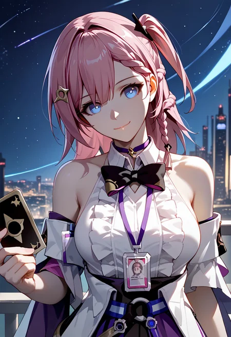 score_9,score_8_up,score_7_up,source_anime,ASTA_(HONKAI_STAR_RAIL),1girl,solo,breasts,looking at viewer,smile,blue eyes,shirt,hair ornament,holding,bow,closed mouth,bare shoulders,medium breasts,white shirt,upper body,pink hair,braid,heart,frills,detached sleeves,sleeveless,collared shirt,choker,medium hair,bowtie,head tilt,sleeveless shirt,black bow,sideboob,one side up,card,center frills,id card,holding card,purple choker,