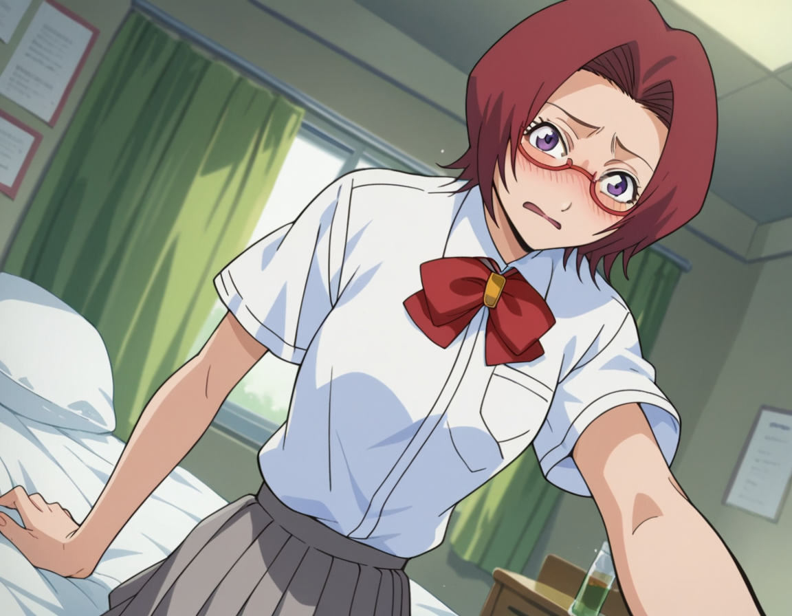 score_9, score_8_up, score_7_up, source_anime,
chizuruhonsho, <lora:chizuru-honsho-s1-ponyxl-lora-nochekaiser:1>,
chizuru honsho, short hair, red hair, purple eyes, glasses,
skirt, shirt, bow, school uniform, white shirt, short sleeves, pleated skirt, bowtie, red bow, red bowtie, grey skirt,
indoors, bed, bed room, on side, blush, drunk,
looking at viewer, dutch angle, cowboy shot,