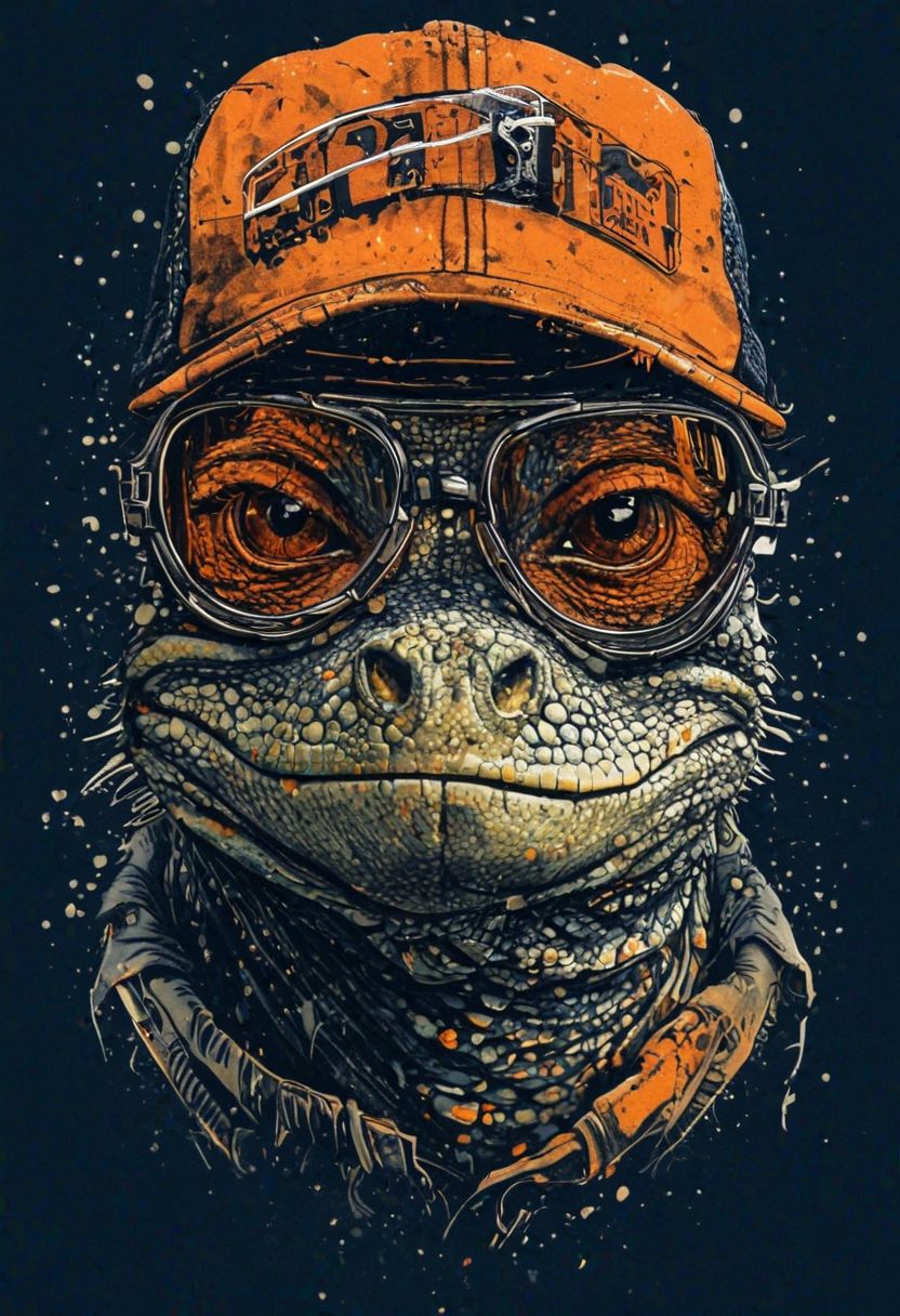 closeup of a  lizard face wearing orange retro pilot glasses and wearing a trucker hat, dark blue background, ink, splash art, gritty