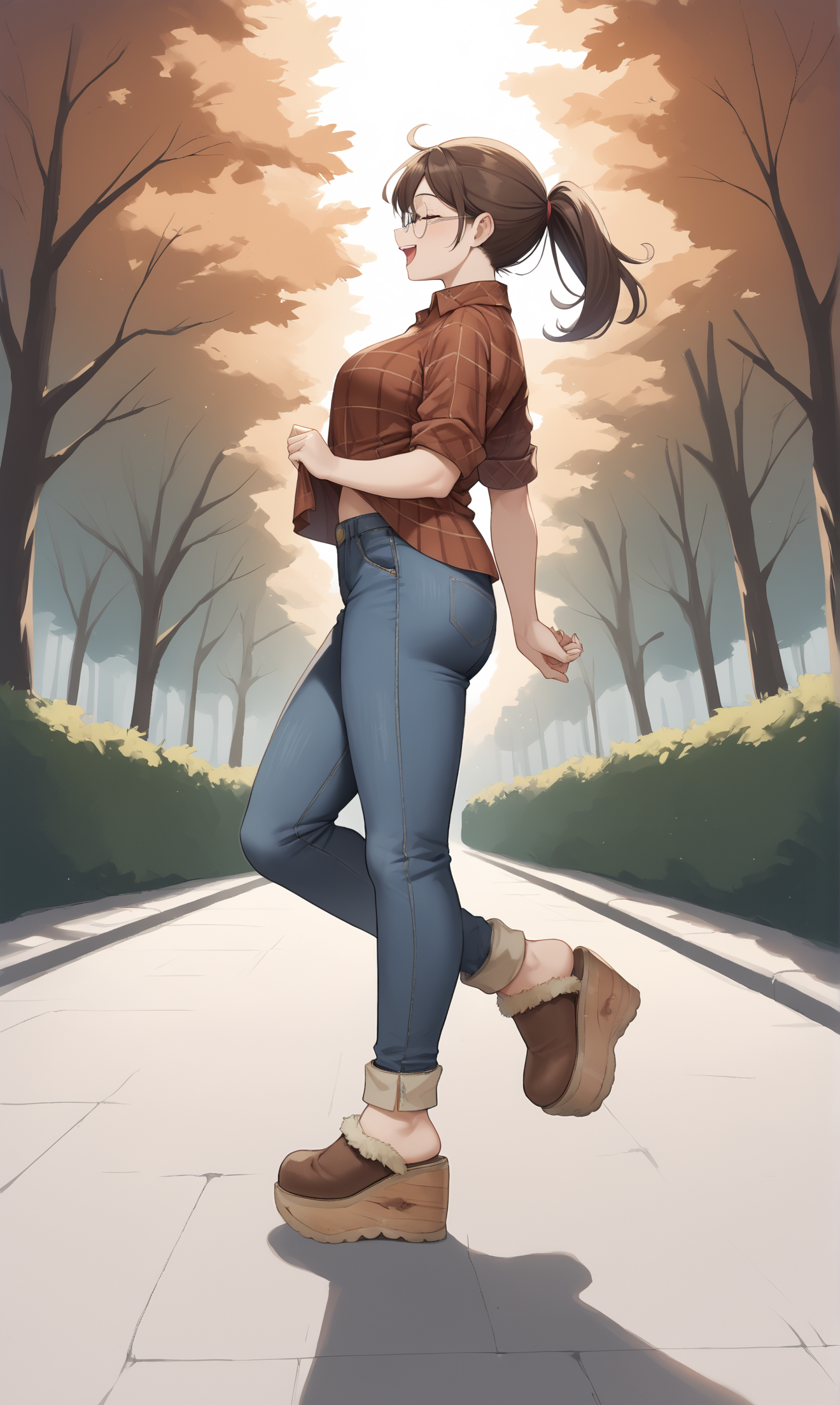 score_9, score_8_up, score_7_up, score_6_up, source_anime,
low angle, from side,
autumn, outdoors, park,
1girl, 
walking, arms out, looking up, happy,
flannel shirt, jeans, round glasses, ponytail, brown hair,
sherpa clogs, platform footwear,
embedding:zPDXLrl ,
embedding:zPDXL2 ,