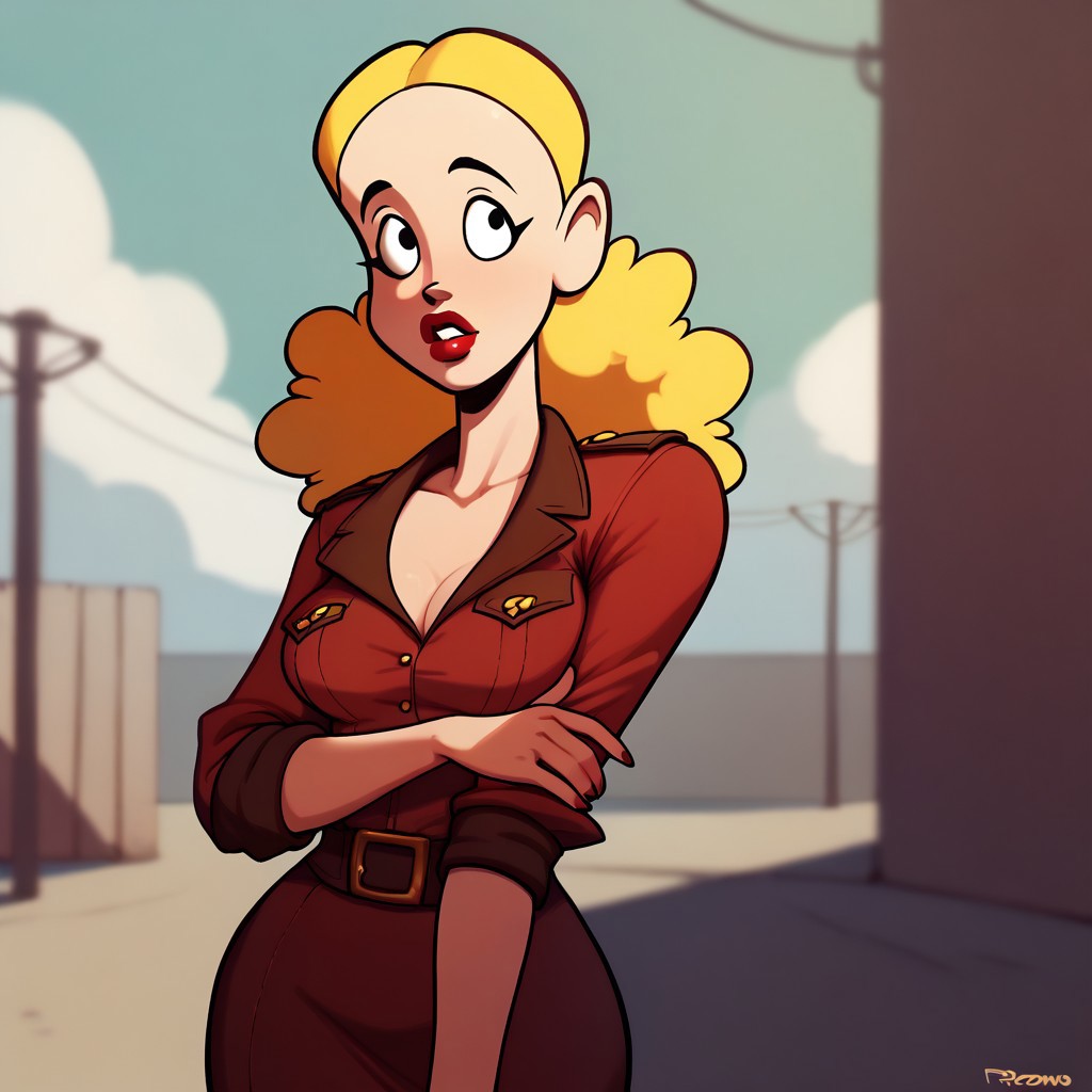 score_9, score_8_up, score_7_up BREAK solo, Palomita, 1girl, blonde hair, black eyes, lipstick, military clothes, warzone outdoors, pinup, pinup pose,