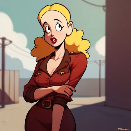 score_9, score_8_up, score_7_up BREAK solo, Palomita, 1girl, blonde hair, black eyes, lipstick, military clothes, warzone outdoors, pinup, pinup pose,