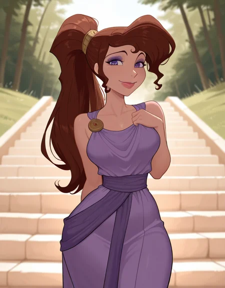 masterpiece, best quality, amazing quality, very aesthetic, absurdres, newest, detailed background, cowboy shot, 4k, 8k, outdoors, ancient greece,
megaraxd, 1girl, solo, long hair, brown hair, makeup, purple eyes, lips, purple dress, medium breasts, smile, looking at viewer, huge hips, ponytail,
<lora:Megara_-_Disney_Illustrious:1>