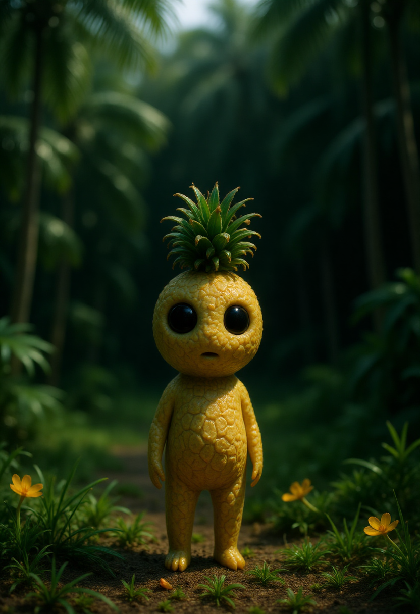 A small Kodama forest spirit stands quietly at the edge of a tropical clearing surrounded by tall grasses and palm fronds. Its body follows the classic Kodama shapeâsmooth and paleâbut its head is shaped like a ripe pineapple, with a textured golden-yellow surface marked by geometric segments and small, rough spines. At the top of its head, a thick cluster of spiky green leaves sprouts upward, forming a crown-like tuft. Its large, dark eyes are set into the pineapple surface, giving it a curious, slightly bewildered look. In the background, dense jungle foliage creates a lush green wall, with glimpses of sunlit sky filtering through the canopy above and patches of bright flowers blooming along the edges of the clearing. <lora:Kodama_V1:1>