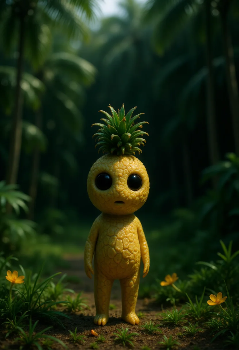 A small Kodama forest spirit stands quietly at the edge of a tropical clearing surrounded by tall grasses and palm fronds. Its body follows the classic Kodama shapeâsmooth and paleâbut its head is shaped like a ripe pineapple, with a textured golden-yellow surface marked by geometric segments and small, rough spines. At the top of its head, a thick cluster of spiky green leaves sprouts upward, forming a crown-like tuft. Its large, dark eyes are set into the pineapple surface, giving it a curious, slightly bewildered look. In the background, dense jungle foliage creates a lush green wall, with glimpses of sunlit sky filtering through the canopy above and patches of bright flowers blooming along the edges of the clearing. <lora:Kodama_V1:1>