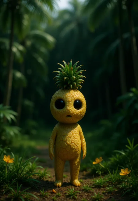 A small Kodama forest spirit stands quietly at the edge of a tropical clearing surrounded by tall grasses and palm fronds. Its body follows the classic Kodama shapeâsmooth and paleâbut its head is shaped like a ripe pineapple, with a textured golden-yellow surface marked by geometric segments and small, rough spines. At the top of its head, a thick cluster of spiky green leaves sprouts upward, forming a crown-like tuft. Its large, dark eyes are set into the pineapple surface, giving it a curious, slightly bewildered look. In the background, dense jungle foliage creates a lush green wall, with glimpses of sunlit sky filtering through the canopy above and patches of bright flowers blooming along the edges of the clearing. <lora:Kodama_V1:1>