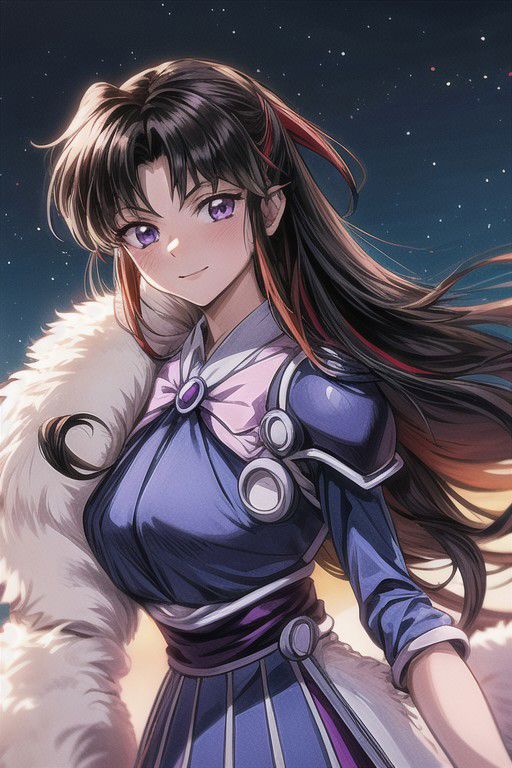 masterpiece,  best quality 1girl Setsun4 solo long hair,  (night time) forest background black hair very long hair purple eyes multicolored hair armor (fur trim) (medium body),<lora:EMS-179-EMS:0.800000>,<lora:EMS-293862-EMS:0.800000> bow, hair_bow, hair_tubes, red_bow, brown_hair, long_hair, bangs, ascot, frilled_bow, yellow_ascot, blush, smile, hair_between_eyes, athletic, armor