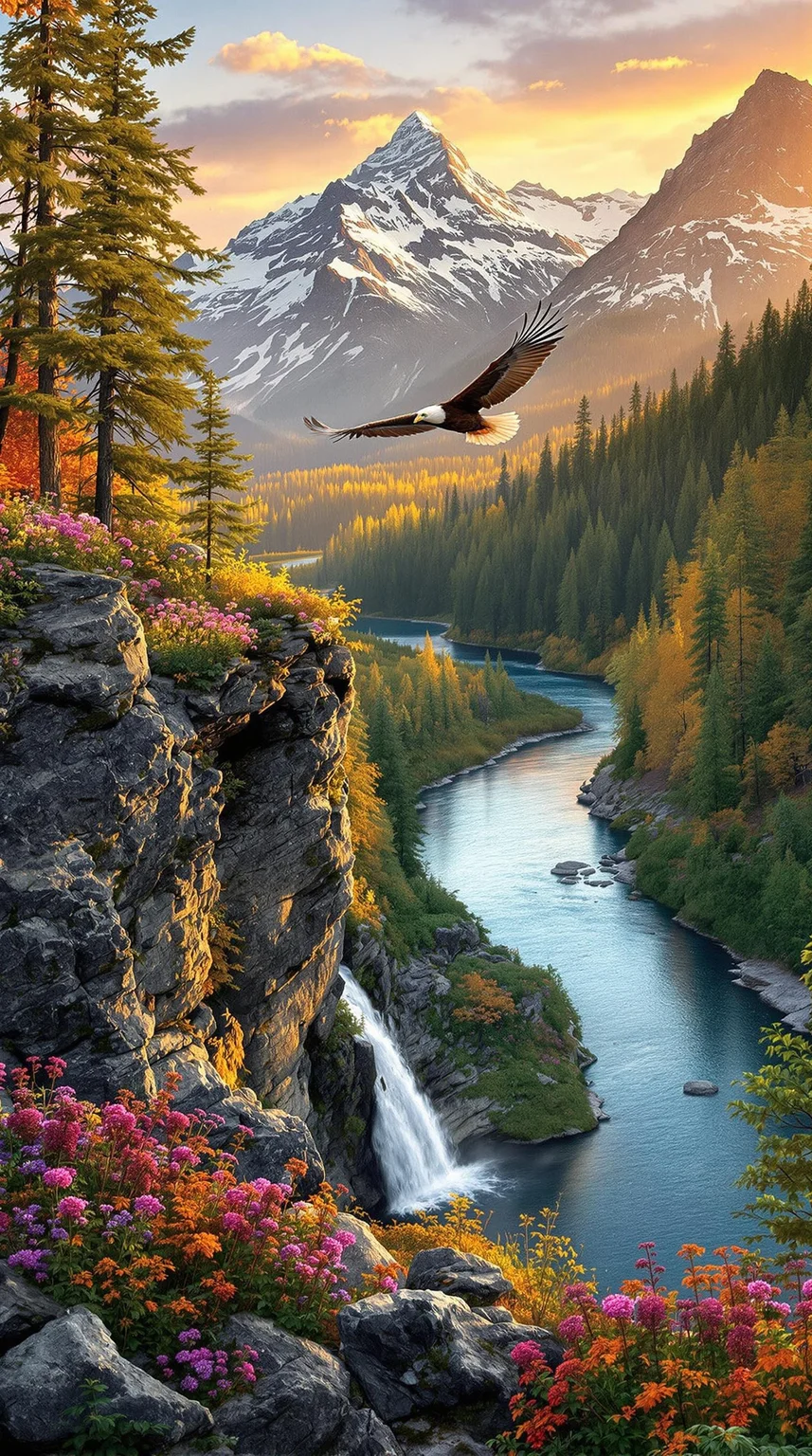 In the warm light of sunset, a majestic eagle soars overhead as the American wilderness unfolds before us. A rugged rocky outcrop, adorned with vibrant wildflowers, overlooks the serene river winding through the valley below. The forest's towering trees, their leaves tinged with autumn's warm hues, stretch towards the sky. A cascading waterfall feeds into the river, its gentle melody a symphony of nature. In the background, snow-capped peaks rise majestically, bathed in the golden light of sunset, their mirrored reflections rippling across the tranquil waters.
The rocky outcrop's rough texture is juxtaposed with the delicate petals of the wildflowers, while the forest's intricate foliage and the eagle's soft plumage contrast with the river's smooth surface. The warm lighting casts a soft glow on the landscape, inviting contemplation and awe. Every element contributes to a harmonious composition that celebrates the grandeur and tranquility of this vast, untamed wilderness.