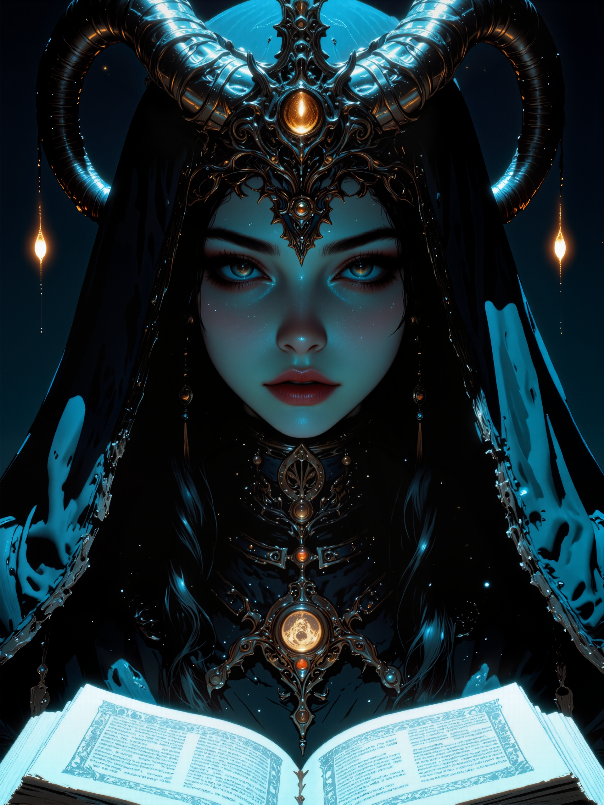 famous masterwork portrait painting of an enigmatic young sorceress, highly aesthetic, stunning, hyper-realistic, photo-realistic, ultra detailed, high resolution, uhd, 8k, 4k, epic, dramatic, accurate, low angle of view composition, at night, dim lighting, time is a beast inadherent to rein, trapped in its hounding, unbreakable frame, few, few are we, impossible the odds, to witness as mortals, the fabric of the gods, i never saw what came for me, and yet it lives within my dreams, it whispers from a restless void, sleeps with eyes wide open, the deep and slumbering question, rears its head one more, is it reality that dwarfs the dream? or a realm of illusions that rules supreme? i've seen too far beyond the veil, and peered into its soul, and once it answered, once i was complete, horned demon, ancient tome, arcane rune, the deep blue and deep teal and burgundy and dark amethyst purple and ebony black, harmonizing colors, lovecraftian, cthulhu mythos, ovg, in the style of ck-ovf, digital illustration, <lora:style-oneviolentfantasy-ep21-flux-by_chronoknight:0.6> <lora:epic_gorgeous_details-balance-flux-by_flyway:0.76> <lora:style-moriimee-gothic_niji-flux-by_tentacles_riders:0.68>