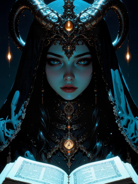 famous masterwork portrait painting of an enigmatic young sorceress, highly aesthetic, stunning, hyper-realistic, photo-realistic, ultra detailed, high resolution, uhd, 8k, 4k, epic, dramatic, accurate, low angle of view composition, at night, dim lighting, time is a beast inadherent to rein, trapped in its hounding, unbreakable frame, few, few are we, impossible the odds, to witness as mortals, the fabric of the gods, i never saw what came for me, and yet it lives within my dreams, it whispers from a restless void, sleeps with eyes wide open, the deep and slumbering question, rears its head one more, is it reality that dwarfs the dream? or a realm of illusions that rules supreme? i've seen too far beyond the veil, and peered into its soul, and once it answered, once i was complete, horned demon, ancient tome, arcane rune, the deep blue and deep teal and burgundy and dark amethyst purple and ebony black, harmonizing colors, lovecraftian, cthulhu mythos, ovg, in the style of ck-ovf, digital illustration, <lora:style-oneviolentfantasy-ep21-flux-by_chronoknight:0.6> <lora:epic_gorgeous_details-balance-flux-by_flyway:0.76> <lora:style-moriimee-gothic_niji-flux-by_tentacles_riders:0.68>