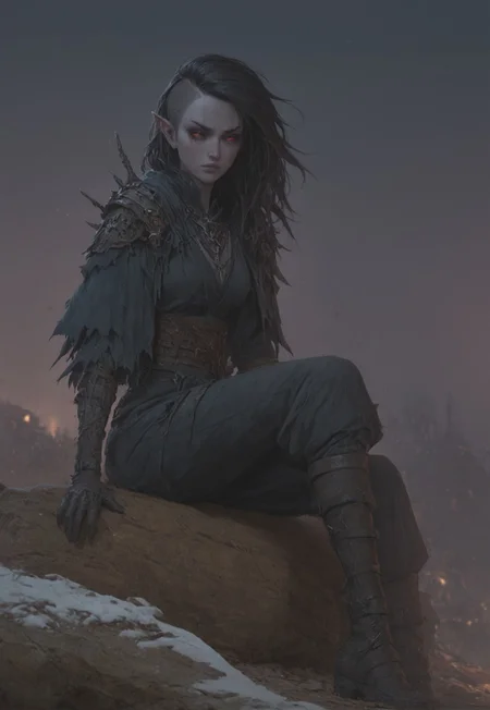 safe_pos, (absurdres, best quality, masterpiece:1.4), score_9, score_8_up, score_7_up, score_6_up, detailed, detailed body, detailed face, fantasy, <lora:add-detail-xl:1.5>, 

fFaceDetail, SkinDetail, alone, (female, ashen grey skin, medium breasts, (red sclera eye, red sclera eye style, red eyes, no pupils, no sclera), thin black eyebrows, pointy ears, long ears, (black hair, sidecut hair), athletic build, slim, pointed chin, gaunt cheeks), neutral look,

(torn dark blue robe, leather gloves, leather shoulder pads, leather boots, leather trousers),

outdoors, village, snow, sitting on log, trees
