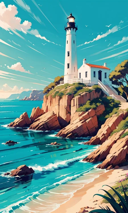 4n1v3rs3, 1girl, 4n1v3rs3, zPDXL2, Create an art deco inspired illustration of A scenic lighthouse perched on a rocky coastline, overlooking the turquoise waters of Cala Ratjada. Include vibrant pastel colors, sleek lines, and a retro summer atmosphere. The style should be reminiscent of vintage travel posters with a modern twist, <lora:add-detail-xl:2>