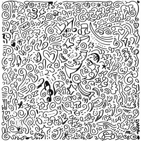 simple background, heart, musical note, spoken ellipsis, crescent moon, doodle, star (symbol), fish, starfish, eighth note, monochrome