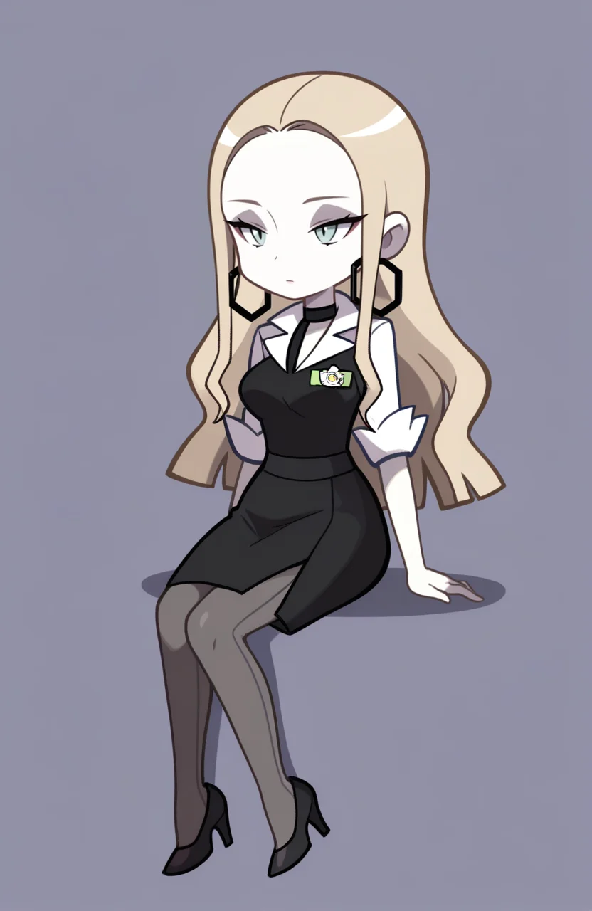 1girl, solo,
oleana \(pokemon\), pale skin, blonde hair,, office hostess uniform, frilled blouse, a-line skirt, pantyhose, heels, name tag,
sitting, leaning back, quiet thoughtfulness, focused expression, contemplative vibe, <lora:ShantaeChibi:1> shntchibi, chibi, extremely detailed, highres, masterpiece, best quality