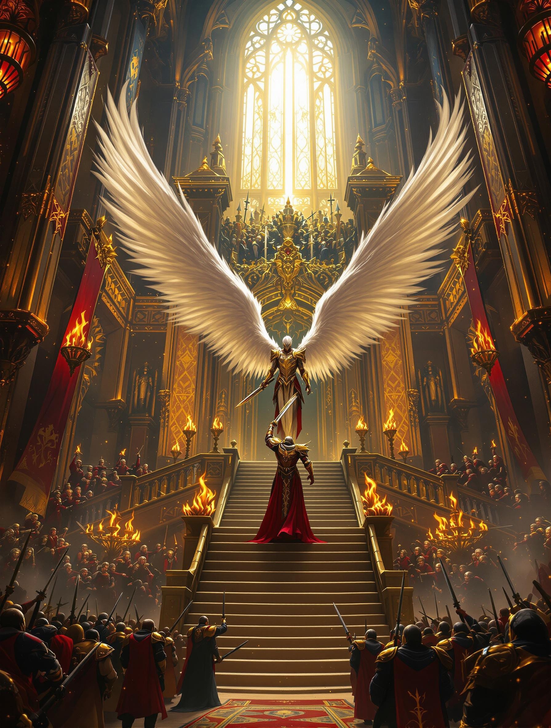 "Epic heroic scene inside a colossal, gothic cathedral-like hall, illuminated by golden light streaming from towering stained-glass windows and ornate chandeliers. At the center, a majestic warrior figure with angelic white wings, clad in resplendent gold and red armor. He stands triumphantly on an elevated stairs, in front of the close Gate, adorned with battle-worn banners, flames, and ceremonial details, fighting to defend the Gate with the sword in hand. His enemy below, opposite to him, a vast crowd of soldiers, some in vibrant ceremonial uniforms, others in heavy battle gear, handing weapons, look upward in awe and reverence. The atmosphere is grand, grimdark, and filled with an ethereal glow, blending Warhammer-inspired aesthetics with intricate gothic architecture. Detailed textures, cinematic lighting, and hyper-detailed composition ensure depth and grandeur. (Ultra-realistic, Masterpiece, Official Art, 32k Resolution, Grimdark, High Quality Background)."