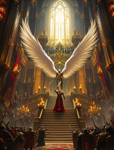 "Epic heroic scene inside a colossal, gothic cathedral-like hall, illuminated by golden light streaming from towering stained-glass windows and ornate chandeliers. At the center, a majestic warrior figure with angelic white wings, clad in resplendent gold and red armor. He stands triumphantly on an elevated stairs, in front of the close Gate, adorned with battle-worn banners, flames, and ceremonial details, fighting to defend the Gate with the sword in hand. His enemy below, opposite to him, a vast crowd of soldiers, some in vibrant ceremonial uniforms, others in heavy battle gear, handing weapons, look upward in awe and reverence. The atmosphere is grand, grimdark, and filled with an ethereal glow, blending Warhammer-inspired aesthetics with intricate gothic architecture. Detailed textures, cinematic lighting, and hyper-detailed composition ensure depth and grandeur. (Ultra-realistic, Masterpiece, Official Art, 32k Resolution, Grimdark, High Quality Background)."