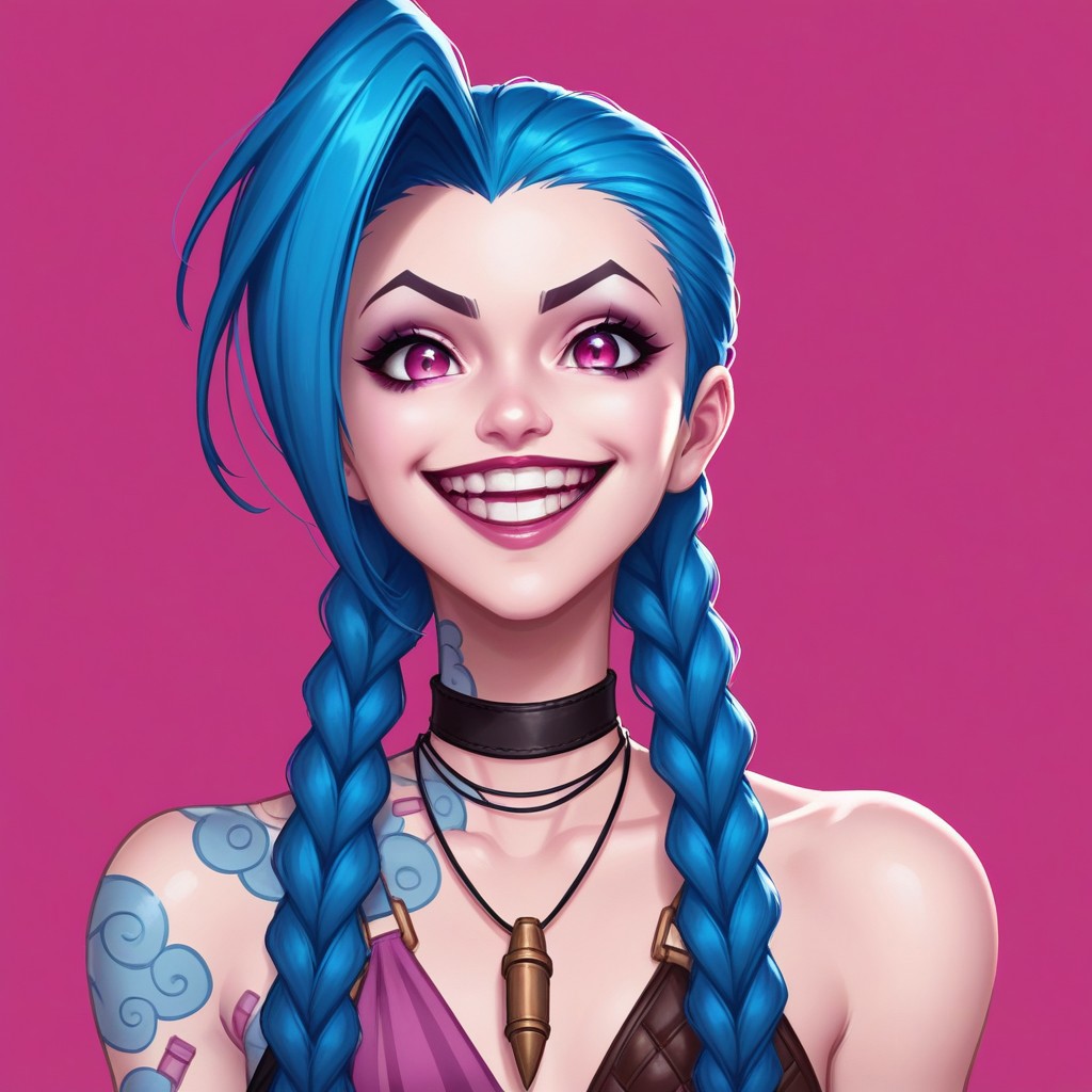 Jinx, League of Legends, 1girl, solo, long hair, smile, teeth, braid, blue hair, twin braids, jewelry, bangs, pink eyes, bare shoulders, open mouth, bullet, necklace, grin, twintails, asymmetrical bangs, choker, portrait, looking at viewer, pink background, head only, above neck